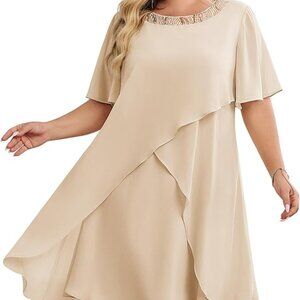 Hanna Nikole Women's Apricot Sequin Crew Neck Chiffon Overlay Cocktail Dress 24W